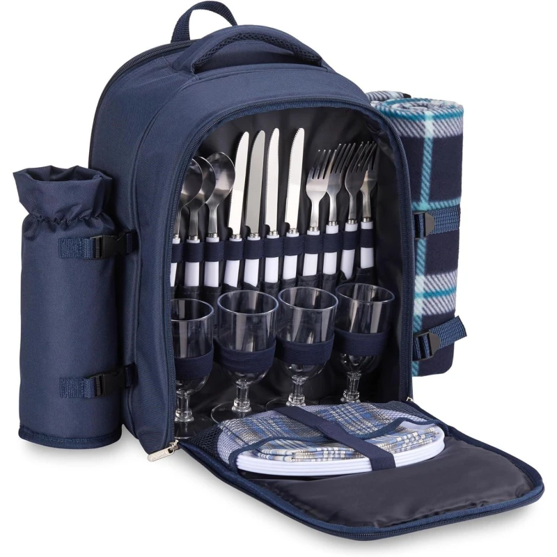 Image of VonShef 2 Person Picnic Backpack with Full Dining Set and Blanket Navy unisex