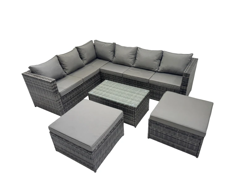 Image of Fimous Outdoor Rattan Garden Furniture Set with 2 Big Stools Dark Grey Mixed Dark Grey Unisex