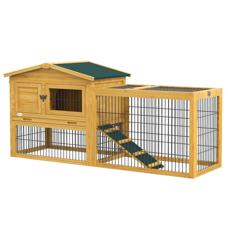 Image of PawHut Wooden Rabbit Hutch with Run, Pull-Out Tray - Yellow D51-122V01YL