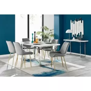 Image of Kylo White High Gloss Dining Table & 6 Grey Pesaro Gold Leg Chairs - Elephant Grey