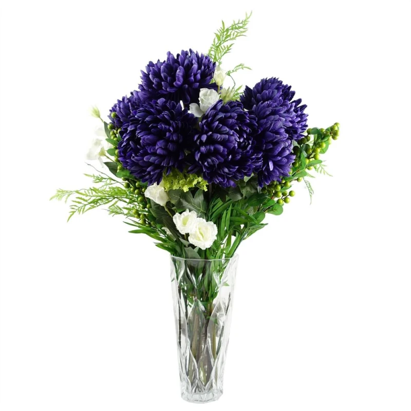 Image of Leaf Leaf 90cm Purple Chrysanthemum and Ferns Glass Vase Purple