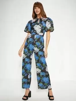 Image of Oasis Floral Printed Cut Out Jumpsuit - Blue Size 16, Women