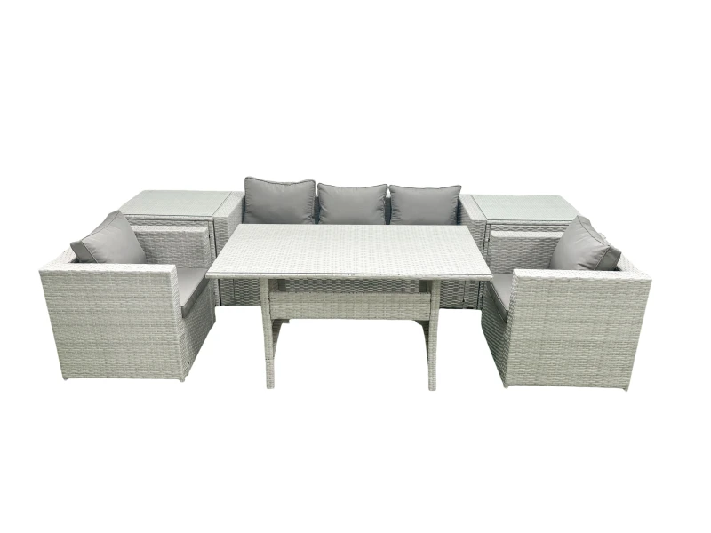 Image of Fimous Garden Dining Set Outdoor Rattan Furniture Set with Sofa Dining Table 2 Chairs 2 Side Tables Light Grey Mixed Light Grey