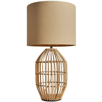 Image of Natural Rattan Table Lamp With Fabric Lampshade - Beige & Gold - No Bulb
