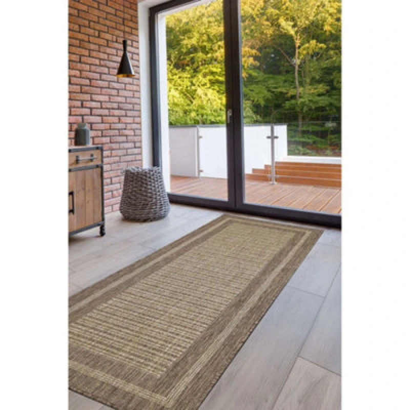 Image of Melrose County Flatweave Latte Bordered Indoor Non-Slip Large Area Runner Rug 060/230Cm