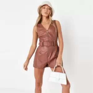 Image of Missguided Faux Leather Belted Playsuit - Brown