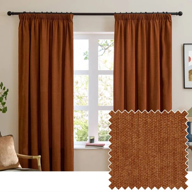 Image of Furn Soft Chenille Blackout Pencil Pleat Curtain Pair in Burnt Orange Size: 117cm width x 137cm drop Burnt Orange Unisex 117cm width x 137cm dro