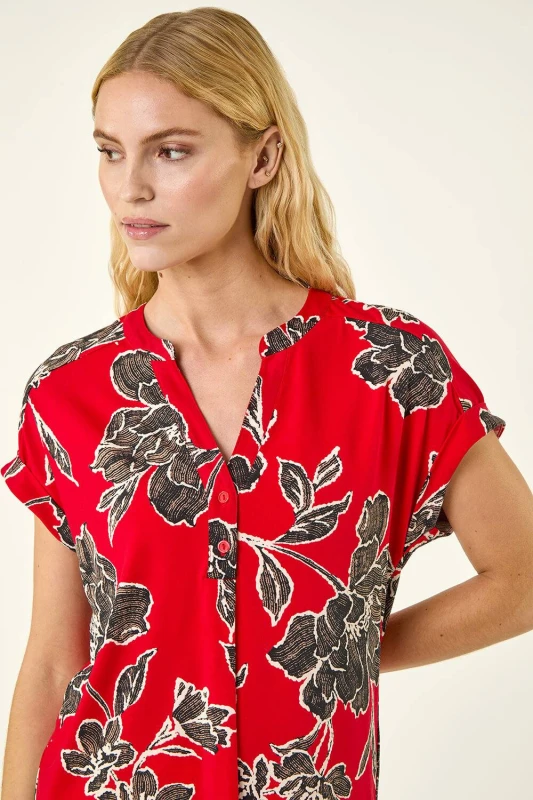Image of Roman Womens Floral Puff Print Stretch Top in Red Size: 18 Red Female 18