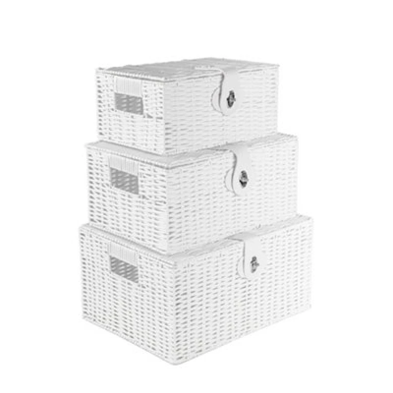 Image of Innoteck Essentials Wicker Woven Storage Baskets With Lid (Set Of 3) - White.