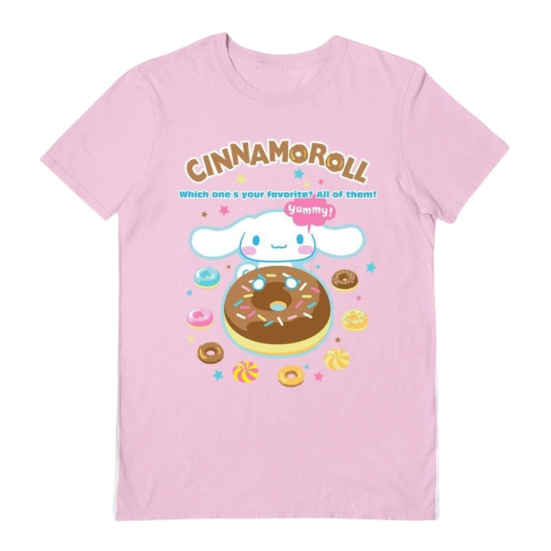 Image of Sanrio Mens Yummy Cinnamoroll T-Shirt in Light Pink Size: Small Light Pink Male S