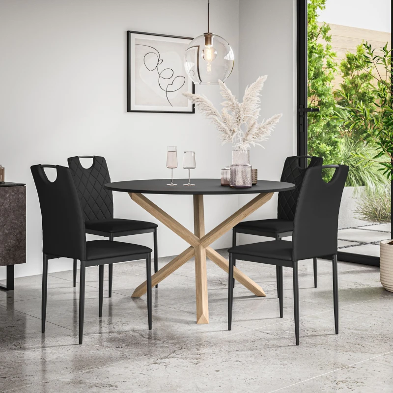 Image of More4Homes Malvern Round Dining Table And Chairs - Black Table Top W Solid Oak Legs + Monza Faux Leather Dining Chair Set Of 4 (Black)