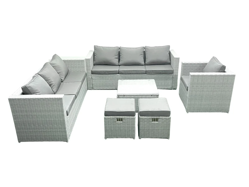 Image of Fimous Wicker PE Rattan Sofa Garden Furniture Set with Armchair Square Coffee Table 2 Small Footstools Light Grey Mixed Light Grey