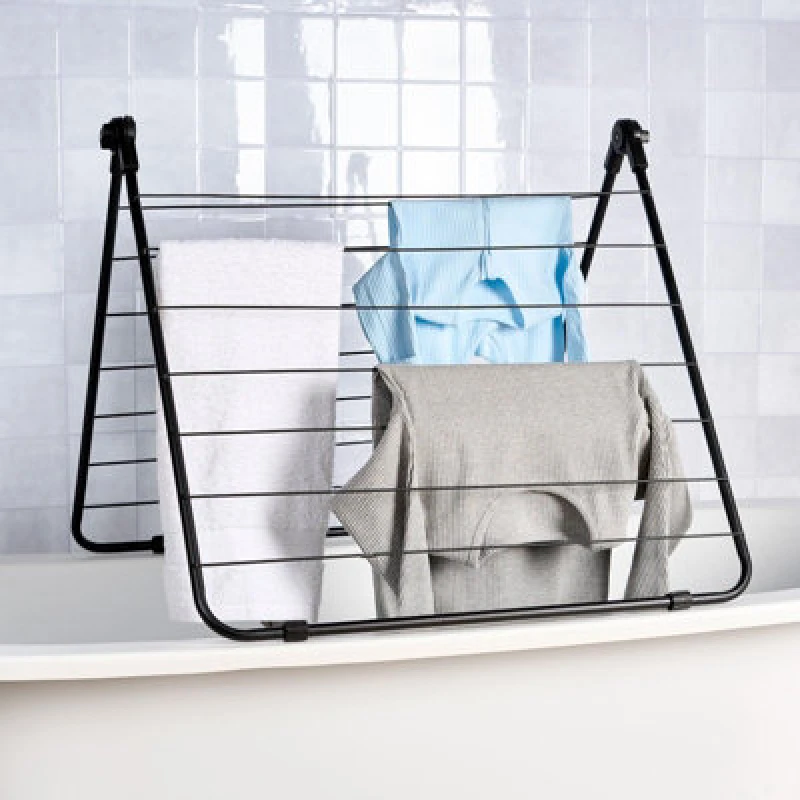 Image of OHS OHS Foldable Clothes Airer Over Bath Towel Rack Hanger in Jet Black Jet Black One Size Unisex 5027434227396