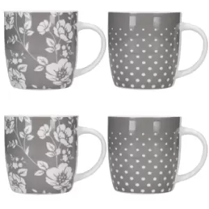 Image of Set of 4 Grey Floral / Polka Dot Mug Set