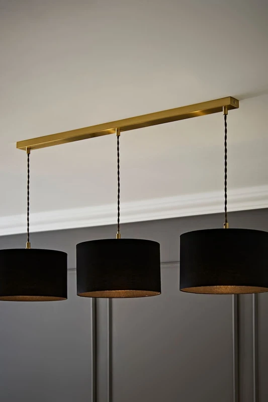 Image of ValueLights ValueLights Reni Fabric Drum Shade 3 Drop Bar Gold Diner Ceiling Pendant Light in Black One Size Unisex 5059406063220