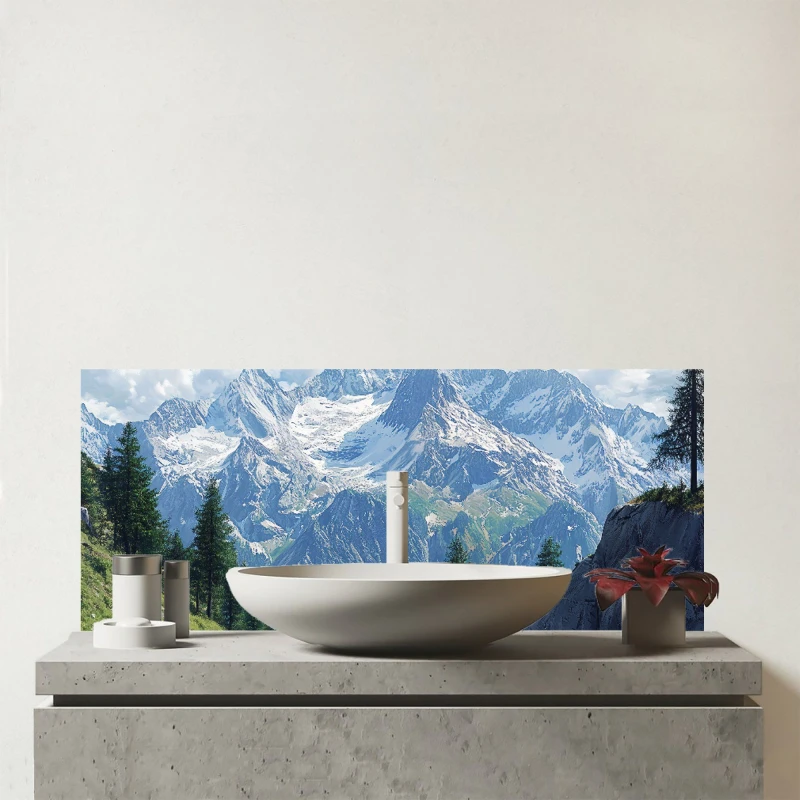 Image of Warren Reed - Designer Scenic Swiss Alps Glass Bathroom Splashback Multicolor Unisex