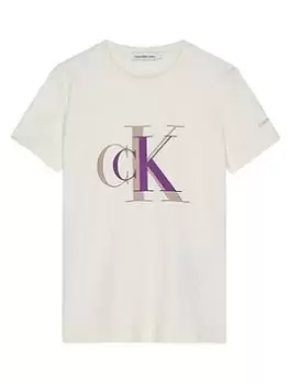 Image of Calvin Klein Jeans Girls Colour Block Monogram T-Shirt - Off White, Size Age: 10 Years, Women