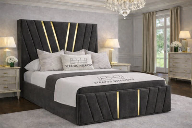 Image of Stratus Interiors Victor Gold Accent Upholstered Velvet Bed Frame - Single 3ft (78") With Slatted Base
