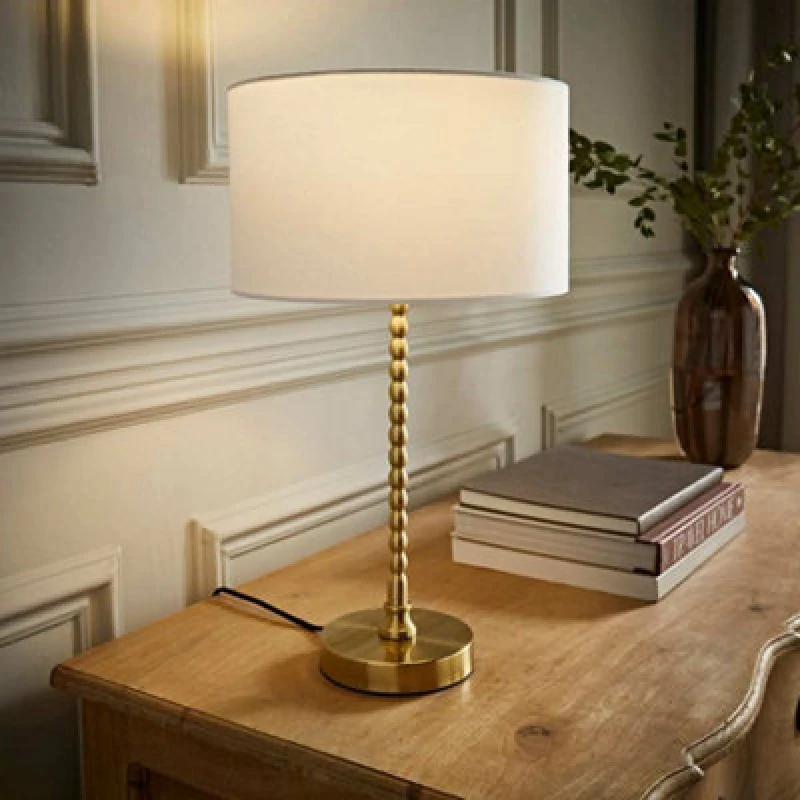 Image of ValueLights ValueLights Maeve Fabric Drum Lamp Shade Brushed Gold Bobbin Bobble Table Lamp in White White One Size Unisex 5059406065170