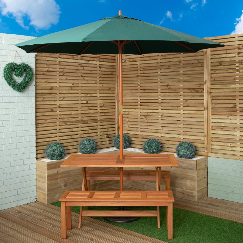 Image of Outdoor 4 Person Rectangular Wooden Garden Dining Table, 2 Benches with Green Parasol and Base Set