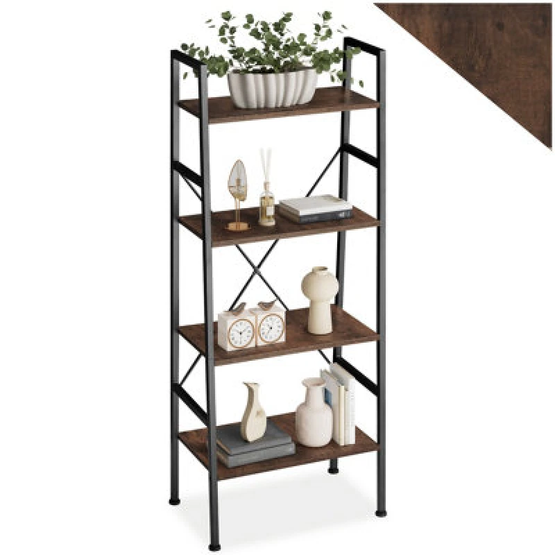 Image of Tectake Ladder Shelf Newcastle - Industrial Style, With 4 Shelves 57.5 X 35.5 X 139cm - Industrial Wood Dark, Rustic