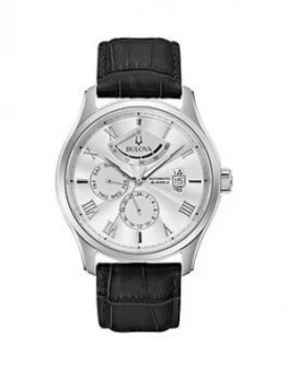 Image of Bulova Wilton White Sunray And Silver Detail Day Date Dial Black Leather Strap Mens Watch