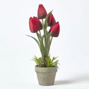 Image of Homescapes - Dark Red Artificial Tulips Grey Decorative Stone Pot, 27cm - Red