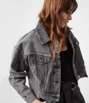 Image of AllSaints Womens Two Tone Denim Jacket, Washed Grey, Size: 12