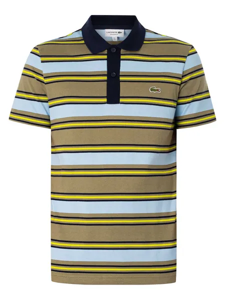 Image of Lacoste Regular Fit Striped Cotton Polo Shirt Khaki Green/Blue S