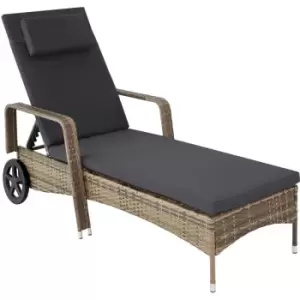 Image of Rattan garden sun lounger 6 step backrest - reclining sun lounger, garden lounge chair, sun chair - nature/dark grey - nature/dark grey