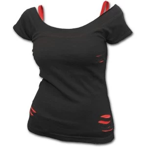 Image of Urban Fashion 2In1 Red Ripped Womens XX-Large Short Sleeve Top - Black