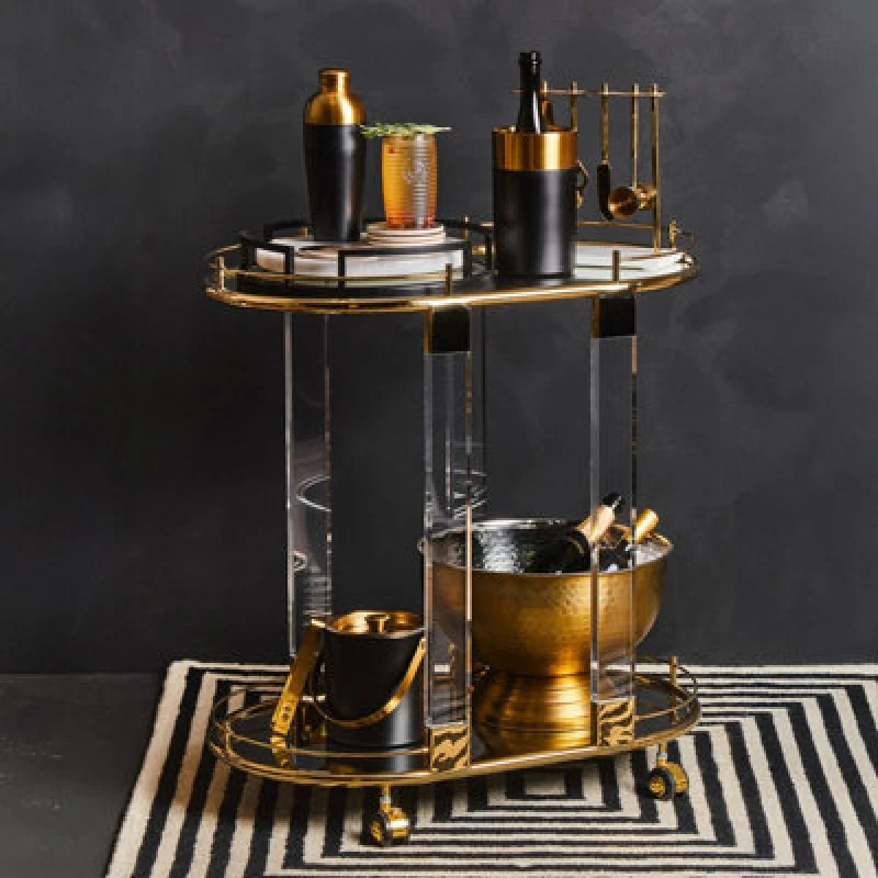 Image of Orsina 2 Tier Gold Metallic Drinks Trolley With Acrylic Support, Mirrored Glass Tray Shelf