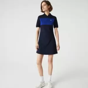 Image of Lacoste Womens Heritage Zip Neck Contrast Band Polo Dress Size 10 Navy Blue / Blue