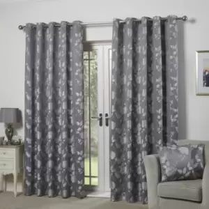 Image of Emma Barclay Butterfly Meadow Floral Jacquard Lined Eyelet Curtains, Silver, 46 x 72 Inch
