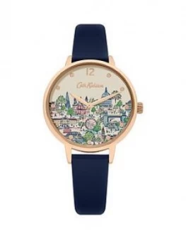 Image of Cath Kidston London View Printed Dial Navy Leather Strap Ladies Watch