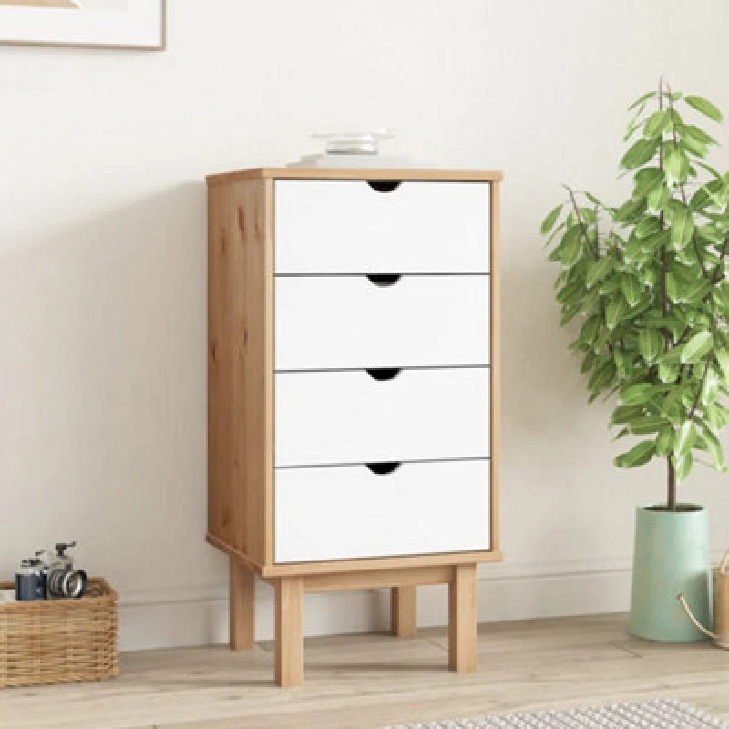 Image of Vidaxl Drawer Cabinet Otta Brown&white 46X39.5X90Cm Solid Wood Pine, White 348581