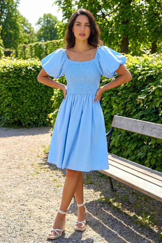 Image of Dusk Womens Puff Sleeve Shirred Dress in Light Blue Size: 16 Light Blue Female 16