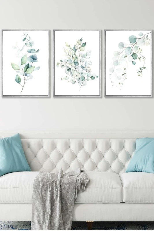 Image of ARTZE Set of 3 Silver Framed Green Blue Watercolour Eucalyptus Set 3 Wall Art in Light Green Size: W45cm x H62cm x D20mm Light Green Unisex W45 cm