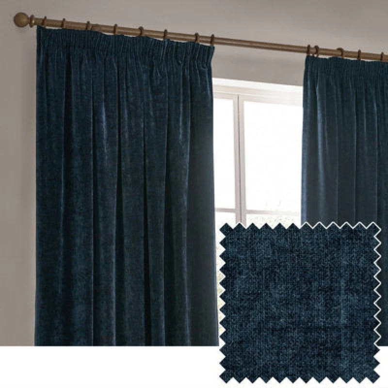 Image of Yard Heavy Chenille Velvet Ready Made Pencil Pleat Curtains Navy