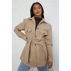 Image of I Saw It First Stone Petite Belted Button Detail Shacket - Brown