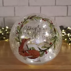Image of 15cm Battery Operated Warm White LED Crackle Effect Ball Christmas Decoration with Christmas Wishes and Fox