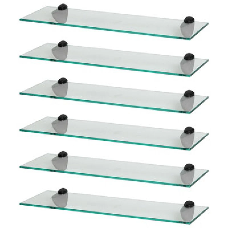 Image of Harbour Housewares 6X Floating Glass Shelves - 60Cm - Black Brackets - Bathroom Shower Storage Vanity Display Unit Shelf