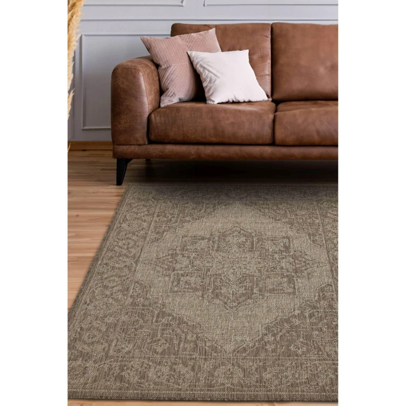 Image of Melrose County Sisal Inspired Traditional Medallion Medium Latte Non-Slip Area Rug 120/160Cm