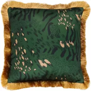 Image of Paoletti Farrah Abstract Animal Print Fringed Cushion Cover, Emerald, 45 x 45 Cm