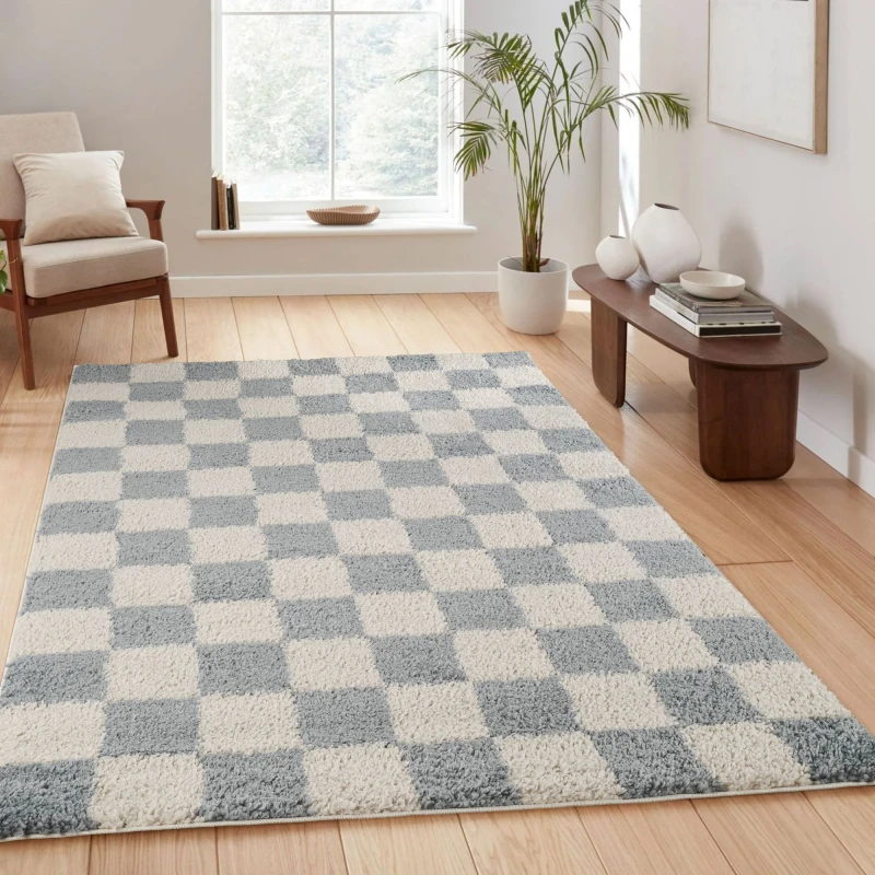 Image of Chester Living Room Shaggy Area Rug Modern - Contemporary Checkered Design - Hallway Runner Indoor Rug Duck Egg Blue 60X220 Cm