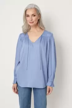 Image of Blue Plain Tie Neck Blouse