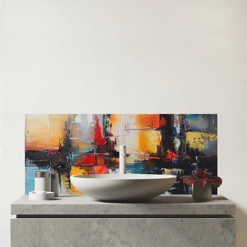 Image of Warren Reed - Designer Reflective Splendour: City In Abstract Glass Bathroom Splashback Multicolor Unisex