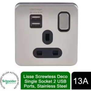 Image of Schneider Electric Lisse Screwless Deco - Switched Single Power Socket, 13A, Single Pole, with 2 USB Charging Ports, 2.1A shared, GGBL30102USBABSSS, S