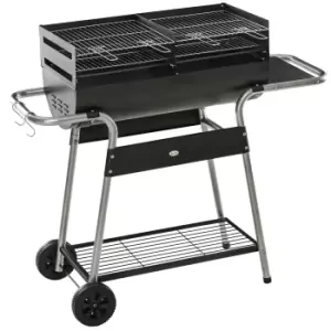 Image of Outsunny Charcoal Barbecue Grill BBQ Trolley with Double Grill, Side Table, Storage Shelf, and Wheels for Outdoor Cooking, 130 x 51 x 111cm, Black