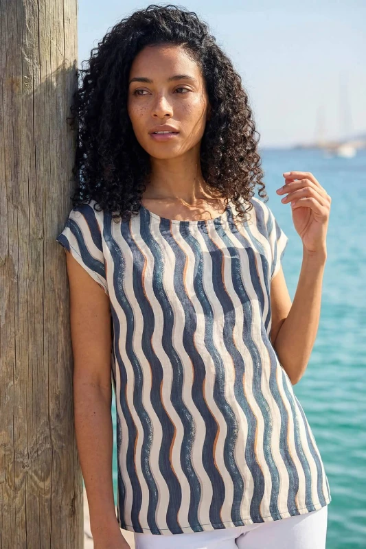 Image of Roman Womens Wave Stripe Print Tunic Top in Navy Size: 10 Navy Female 10